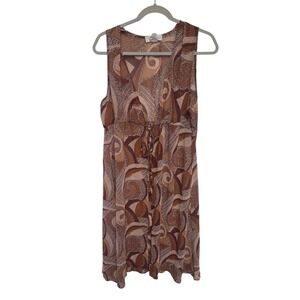 L I F E Love is for Eternity Brown Swirl Print V Neck Tie Waist Midi Dress S M